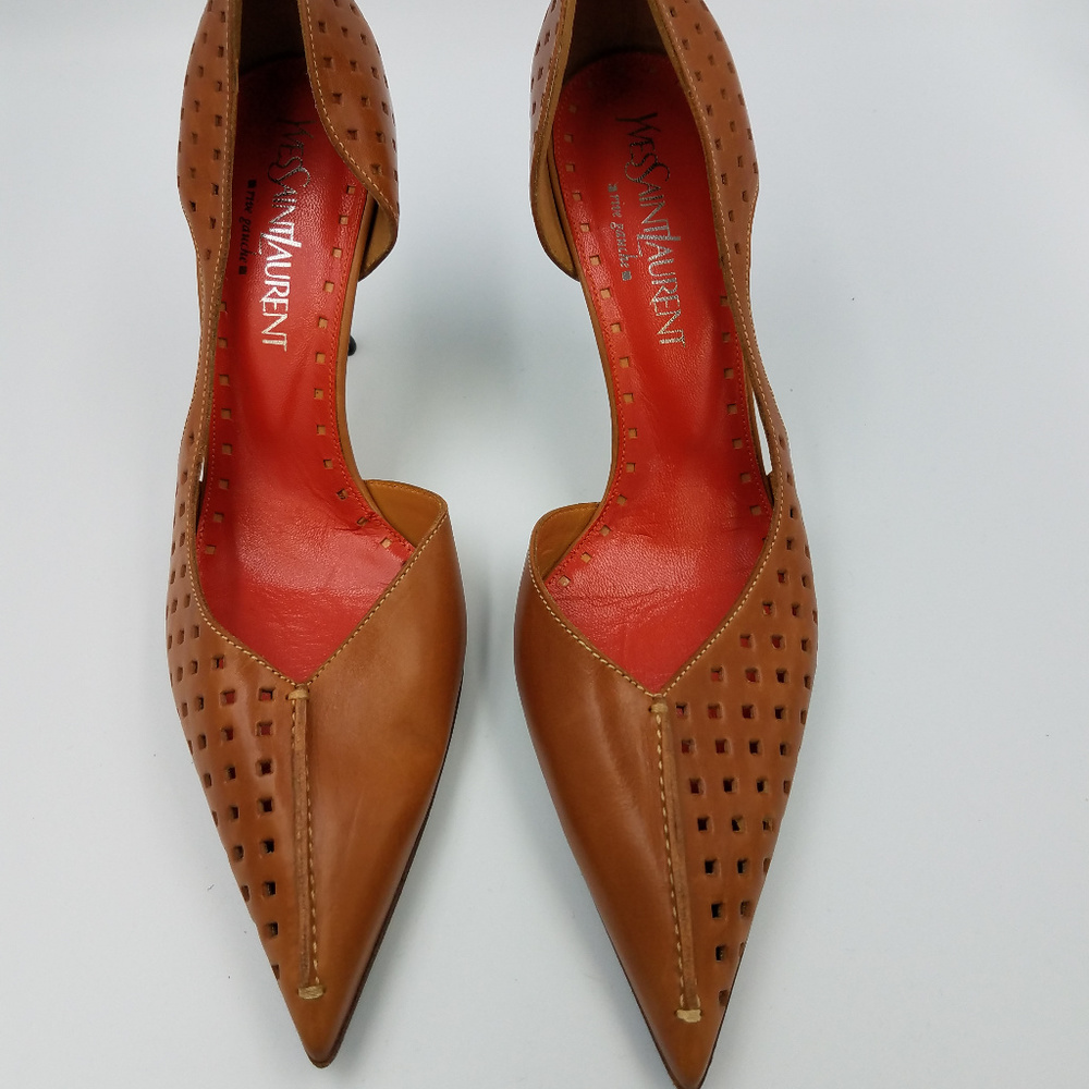 Authentic YSL Tan Leather Stacked Heels Size 10